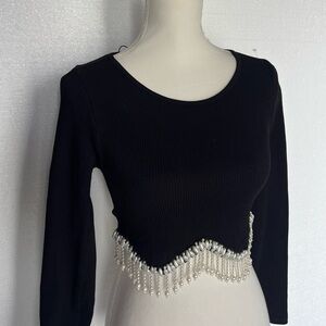 Zara Black Crop Top with Silver Beaded Fringe